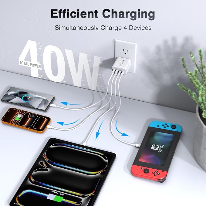 [2-Pack] 40W USB C Charger Block, 4-Port Type C Fast Charging Brick Dual PD&QC Wall Plug Adapter Power Brick for iPhone 13/14/15/16/17/Pro Max/Plus/iPad/Airpods/iwatch/Samsung Galaxy - Image 2
