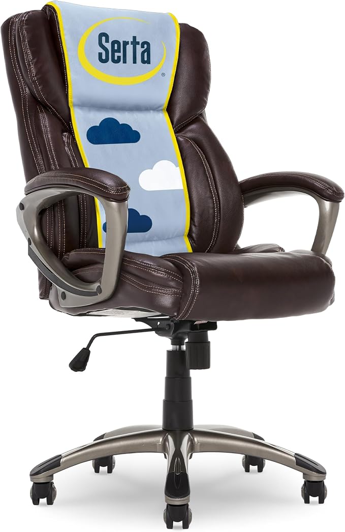 Serta Ergonomic Executive Office Chair with Lumbar Support, Leather Chair | Garret, Back Pain Relief, Foam Seat Cushion, Padded Arms, Adjustable Height and Reclining, Office Chair with Wheels, Brown by Serta