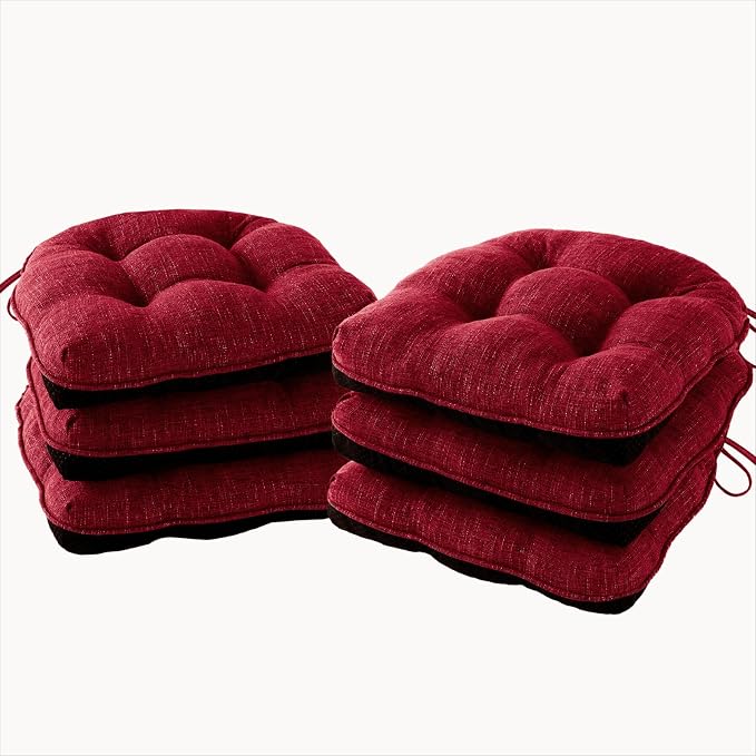 IPYNBAP Chair Cushions for Dining Chairs Set of 6, Red Kitchen Chair Cushions, Chair Pads with Ties and Non Slip Backing, Christmas Room Decor, Tufted Memory Foam Seat Cushion 6 Pack, 15.5"x15.5"x4" by IPYNBAP