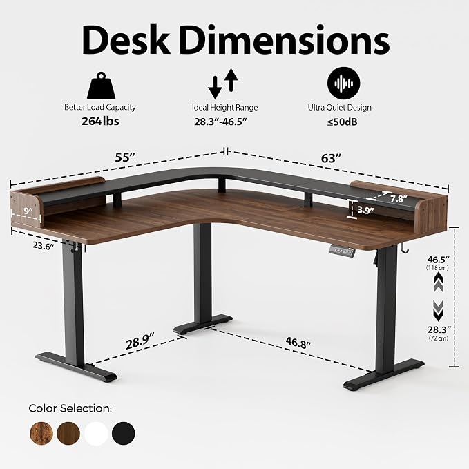 Agilestic L Shaped Standing Desk with Monitor Shelf, 63 Inch, Dark Walnut | Electric Height Adjustable, Dual Monitor Setup, Spacious Corner Desktop, Sturdy Steel Frame, Memory Presets, 264 lbs - Image 2
