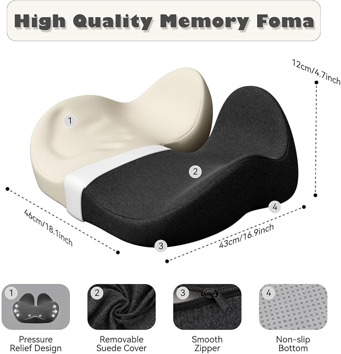 Seat Cushions for Office Chairs, Ergonomic Memory Foam, Dark Gray | Contoured Pressure Support, Soft Modal Washable Cover, Non-Slip Base, 18.1 x 16.9 x 4.7 in, for Desk, Car and Wheelchair - Image 4