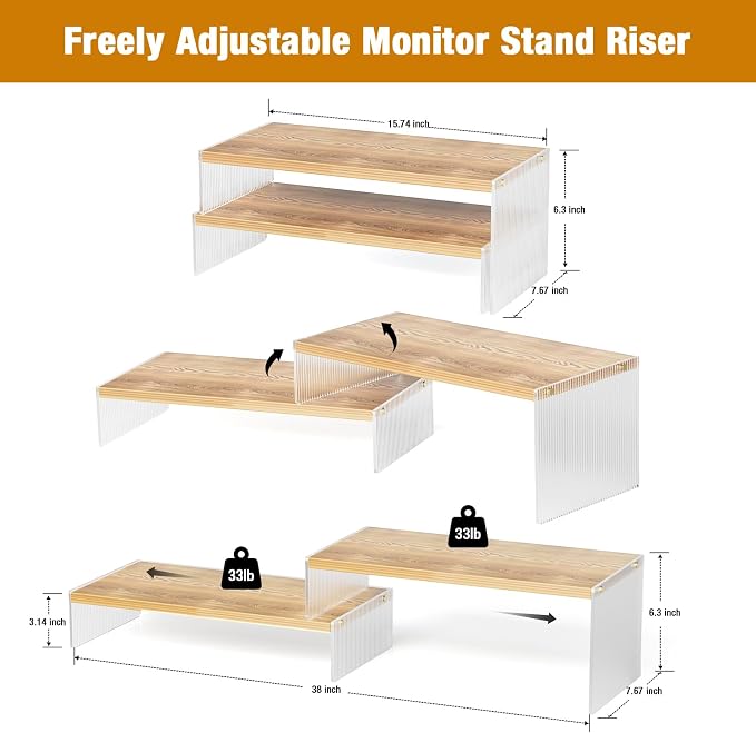 YGYQZ Adjustable Monitor Stand Riser, 7.67"×15.74" Dual Monitor Desk Stand | Adjustable Monitor Riser, Expandable Desk Organizer, 2-Tier Storage, Acrylic Legs, Ergonomic Workspace, Wood Wavy - Image 2