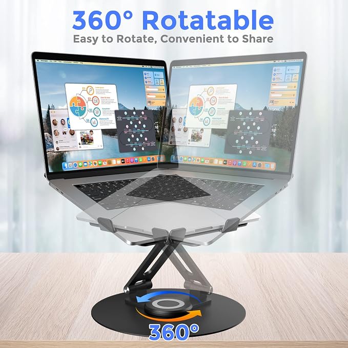 Swivel Laptop Stand for Desk, Adjustable Height Aluminum Computer Stand with 360 Rotating Base, Foldable Ergonomic Riser, Portable Laptop Holder Compatible with MacBook, All Laptops 10-17'', Black - Image 2