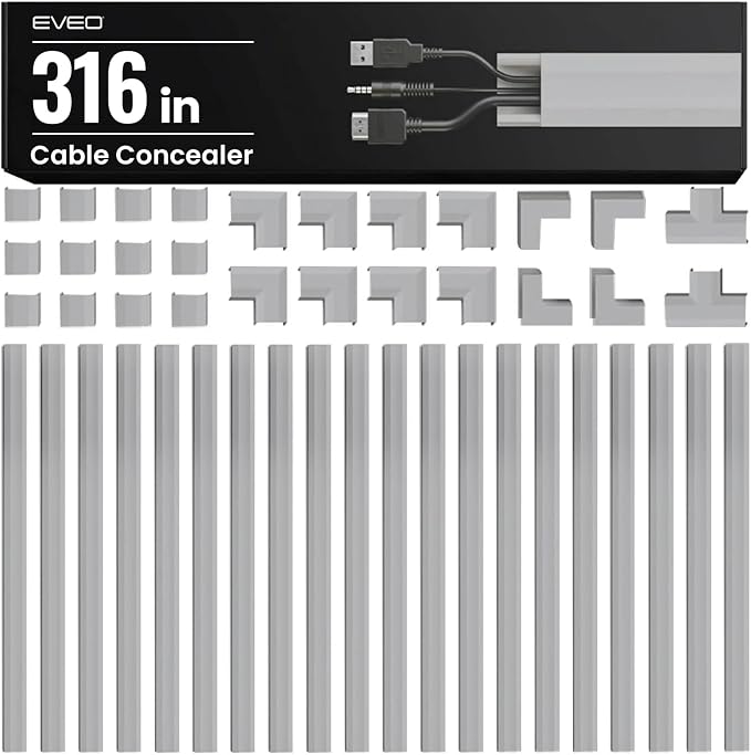 EVEO Cable Hider Wall 306” - Cable Raceway Cord Hider - Wire Covers for Cords on Wall, Cord Cover, Wall Cable Hider, Cable Concealer, Wire Hiders for TV on Wall - 20X (L16 W0.95 H0.5) - Medium | Grey by EVEO
