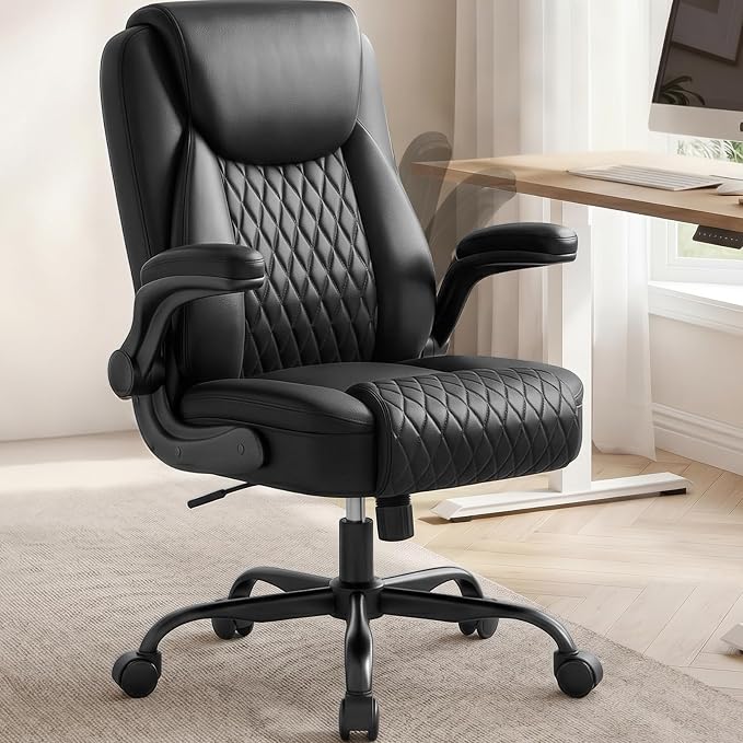 COMHOMA Mid-Back Office Chair, Ergonomic PU Desk Chair with Flip up Arms, Small Computer Gaming with Comfy Lumbar Support,Rocking Function,Sturdy Metal Base, Ink Black by ComHoma