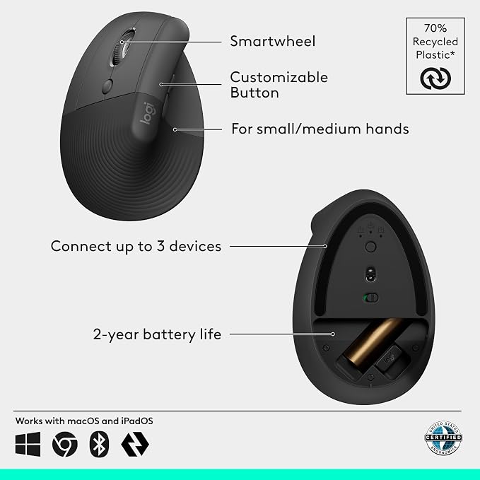 Logitech Left Handed Lift Vertical Ergonomic Wireless Mouse - Graphite | Connect via Bluetooth or included Logi Bolt USB-A receiver, quiet clicks, 4 of 6 buttons customizable, Windows Mac compatible - Image 7