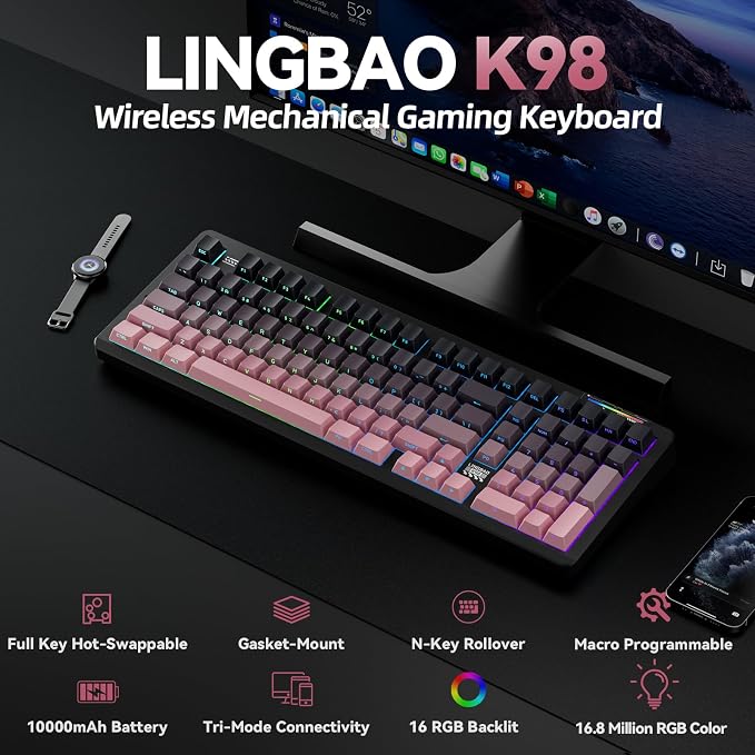 LINGBAO K98 Wireless Mechanical Gaming Keyboard, Tri-Mode Gasket Hot Swap | Linear Switches Creamy Keyboard with Number Pad,96% Layout RGB Backlit Mechanical Keyboard for PC Laptop, Custom Software - Image 2