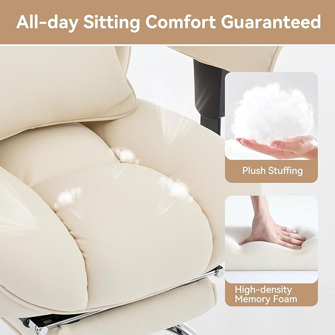 Efomao Executive Office Chair, Beige Fabric Big and Tall Desk Chair | Breathable fabric, pocket spring & foam seat, retractable footrest, 135° recline for computer gaming setup - Image 7