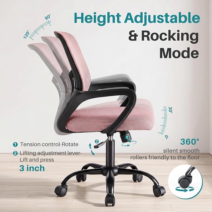 OLIXIS Ergonomic Office Desk Chair, Mid-Back Executive Computer Chair | Fixed Armrest, Rocking Mode, Height Adjustable, 360° Rolling Swivel Adults, Student, Pink - Image 4