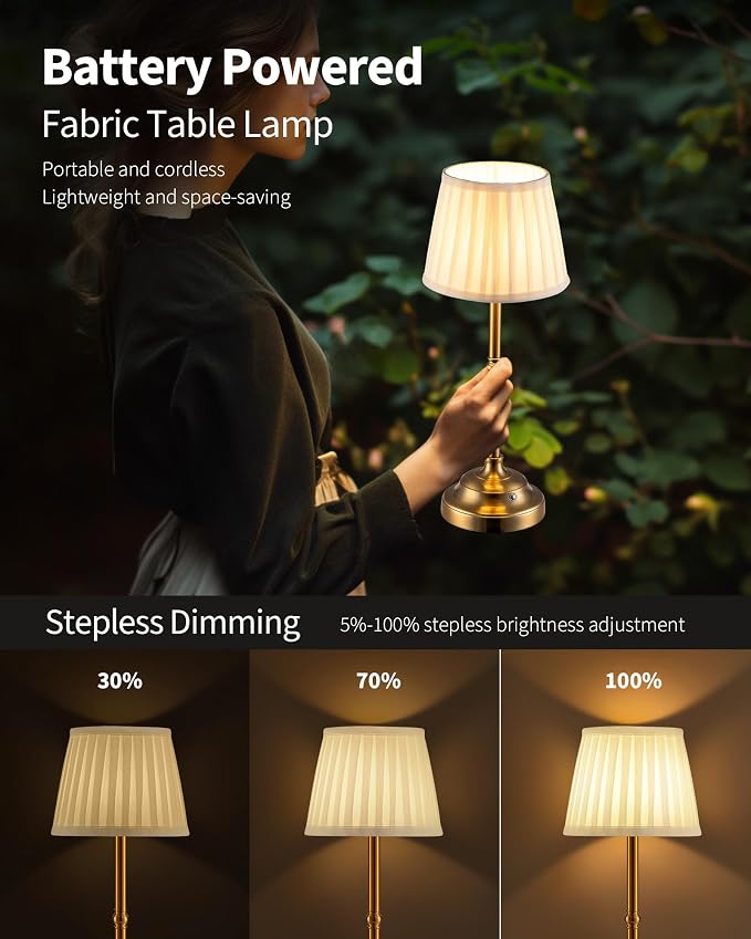 KDG Gold Cordless LED Table Lamps Set of 2, Beige Fabric Shade Desk Lamps | Portable 4000mAh Rechargeable Battery Powered, Dimmable Lighting for Dining Room, Bedroom, Bedside, Night Light, Balcony - Image 4