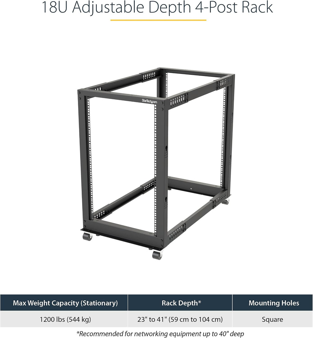 StarTech 18U 4-Post Server Rack, 19in Open Frame Rack with 40in (101cm) Mounting Depth and 1200lb (544kg) Weight Capacity, Mobile or Floor Mount IT Rack - Image 2