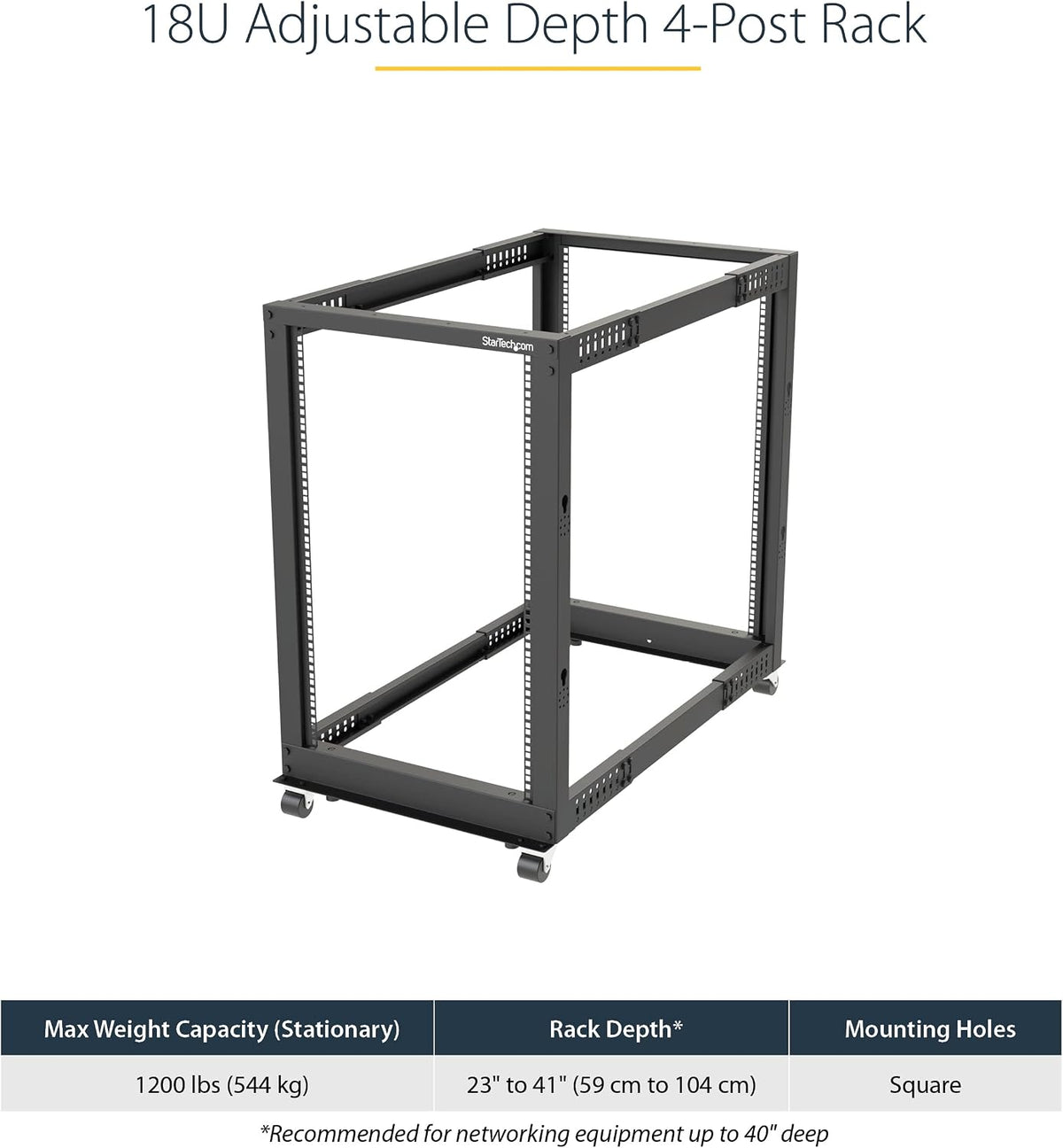 StarTech 18U 4-Post Server Rack, 19in Open Frame Rack with 40in (101cm) Mounting Depth and 1200lb (544kg) Weight Capacity, Mobile or Floor Mount IT Rack - Image 2