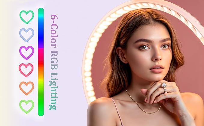 Heart Ring Light, 13" Desk Ring Light with Extendable Selfie Stick Stand for Laptop Video Conference Lighting with Phone Holder Height Adjustable 47 Color Modes for Live Stream/Makeup Compatible - Image 3