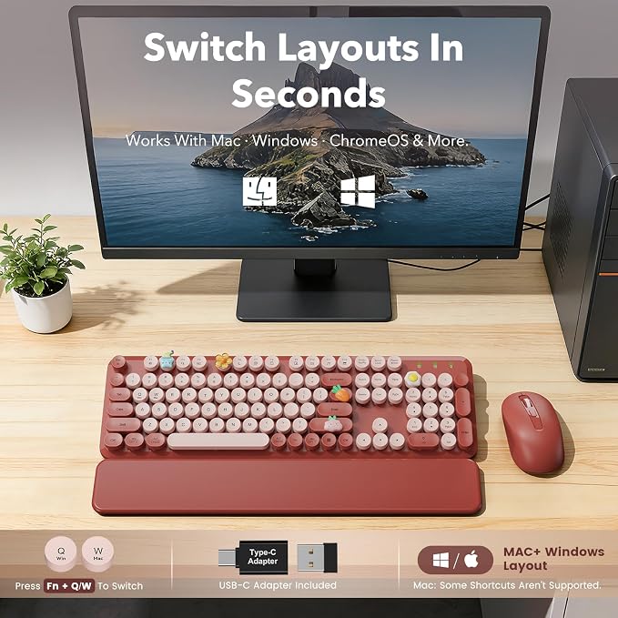 Wireless Keyboard and Mouse Combo, Wine Red Retro Typewriter Style Keyboard with Round Keycaps and Magnetic Wrist Rest, 2.4GHz Wireless for Mac, Windows PC, Laptop, Home Office, School, SABLUTE CK23 | Full-Size Retro Typewriter-Style Keyboard, Tilt Leg... - Image 9