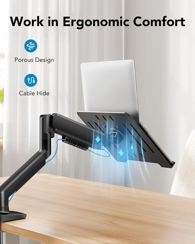 HUANUO 2 in 1 Function Laptop Mount with Tray, Fits 13-34″ Monitors & Up to 17″ Notebook, Ergonomic Laptop Arm with Full Motion Adjustment, Laptop Stand for Desk, VESA 75x75mm/100x100mm - Image 6