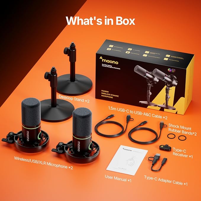 MAONO PD200W Hybrid Wireless Podcast Equipment Bundle for 2 | XLR USB Dynamic Microphone Kit with 2 Desktop Stand, Software, Noise Cancellation, for Co-hosted, Content Creation, Recording - Image 9