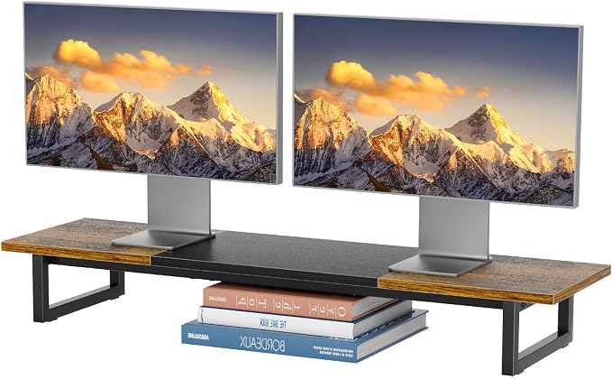 Simple Trending 38" Dual Monitor Stand Riser, Desk Organizer, Rustic Brown | Laptop & Printer Stand, for 2 Monitors, Wood and Steel, Ergonomic Support, Easy Setup, Home Office Desk, 38"W x 10.25"D x 5"H by SimpleTrending