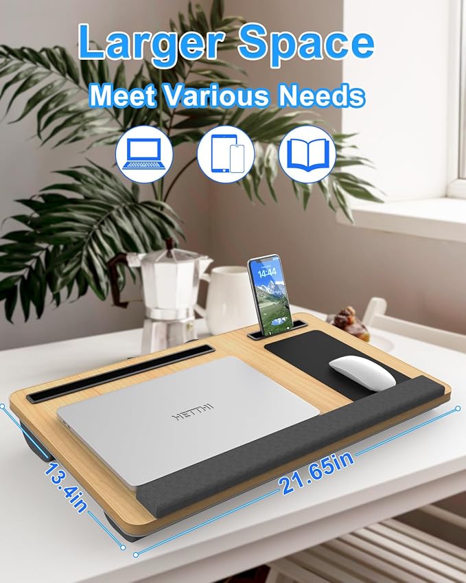 HETTHI Laptop Lap Desk, Portable Large Laptop Desk for Bed, Up to 17 in Lap Table with Wrist Rest, Mouse Pad, Tablet Phone Slot, Portable Handle, Cushion (Light Brown) - Image 2
