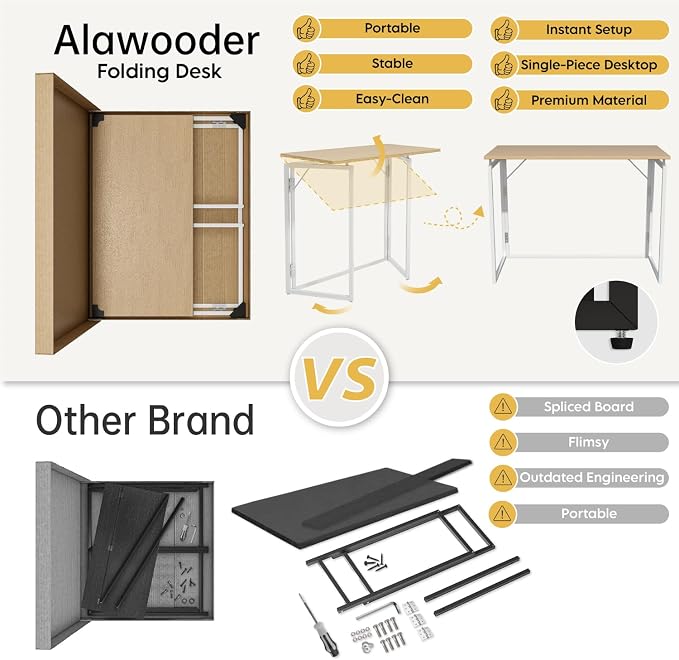 31.5" Folding Desk: No Assembly, Wood Top for Small Spaces | Home office desk, holds 150 lbs, folds flat to 2.3 in, splash-proof wood top, sturdy metal frame - Image 9