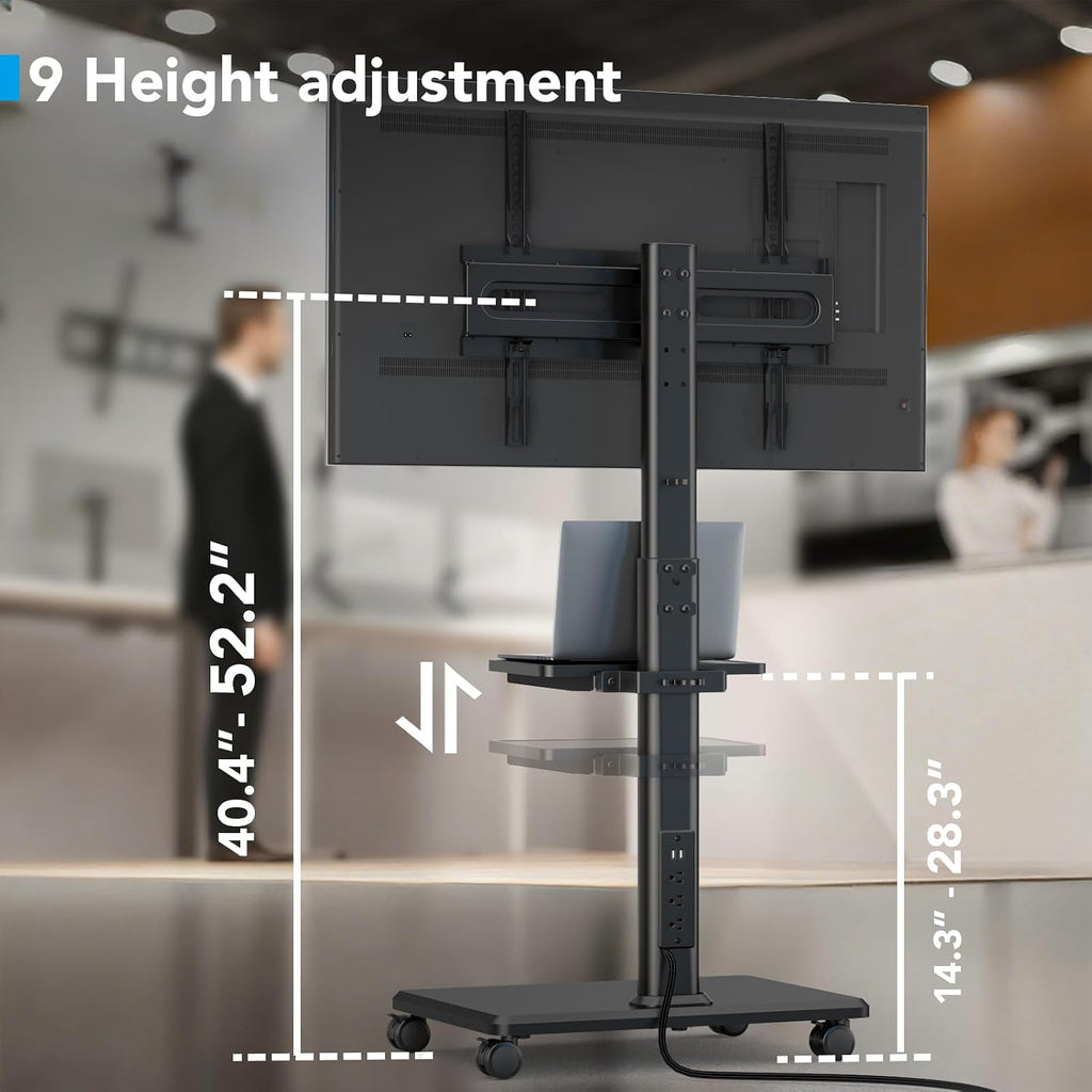 Mobile TV Stand with Power Outlets&Shelf, Floor Portable TV Stand with Wheels for 27-65Inch LCD LED OLED Flat/Curved Panel Screen, Swivel,Height Adjustable&Wood Base, RollingTV Cart Black - Image 3