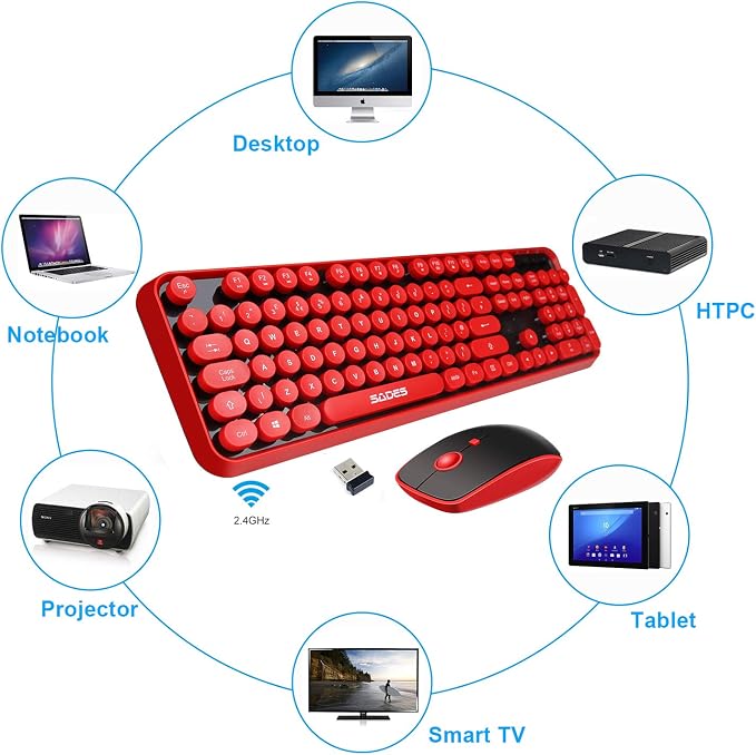 Red Wireless Keyboard and Mouse Combo,Typewriter Bubble Keys,for PC Laptop | Retro Round Keycaps,Clicky Sound,2.4GHz USB Receiver,Creamy Aesthetic Style,Full Size with Number Pad for Computer Desktop - Image 4