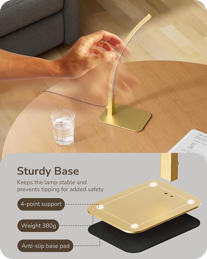 EDISHINE Curved LED Table Lamps for Living Room, Modern Bedside Lamp, Gold | 3 Color Temperature & Stepless Dimming, Aluminum & Iron, Silicone Lampshade, Ideal for Living Room, Office - Image 6