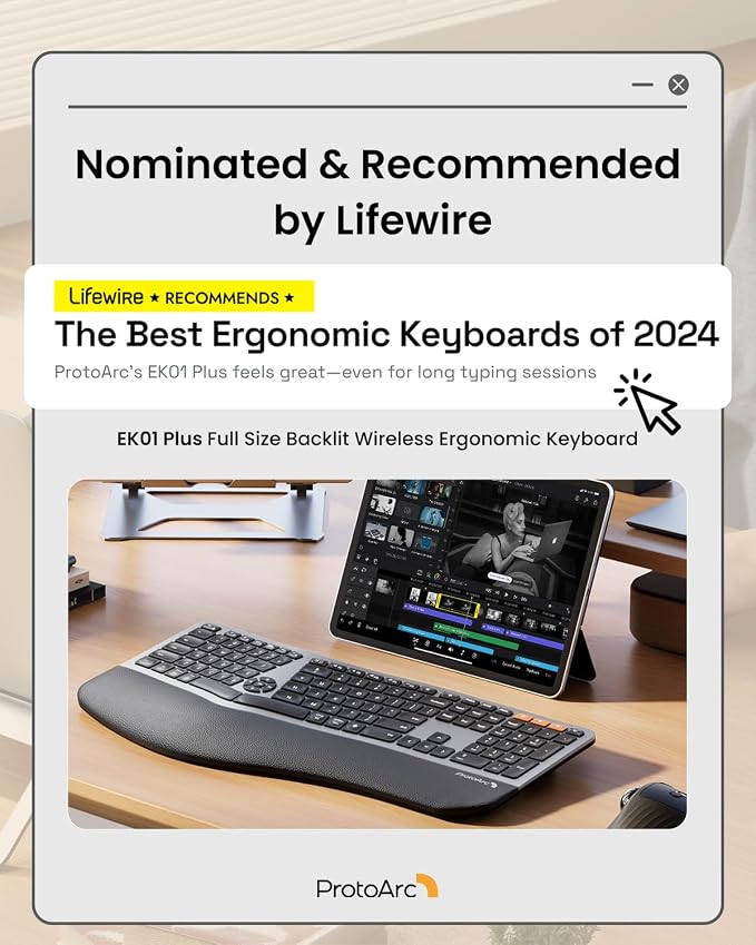 ProtoArc EK01 Plus Backlit Bluetooth Ergonomic Keyboard, Full Size, Grey | Adjustable brightness, split design, cushioned wrist rest, connect 3 devices via Bluetooth/2.4G, 2000mAh USB-C rechargeable. - Image 2