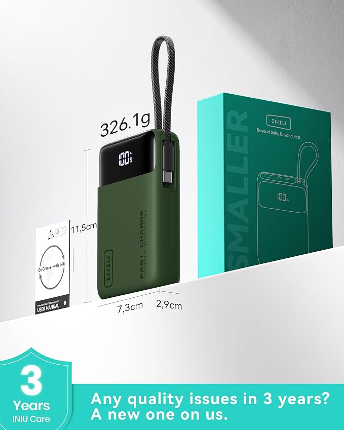 INIU Portable Charger, Smaller 45W Fast Charging Power Bank, 20000mAh Green | Flight-Safe, Built in USB-C Cable, Travel Essential, Battery Phone Pack for iPhone 17 16 Pro, Samsung S26, iPad etc, Green - Image 8