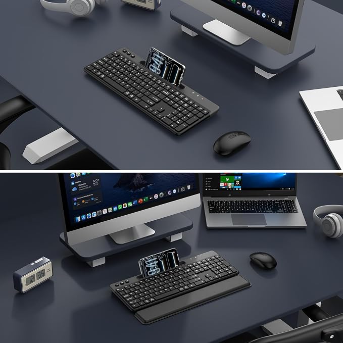 Wireless Keyboard and Mouse Combo 2.4G Ergonomic Silent for Office and Home | Full Size Ergonomic Keyboard with Removable Wrist Rest, Phone Holder, 3-Level DPI Mouse for Windows Mac OS Desktop/Laptop/PC - Image 8