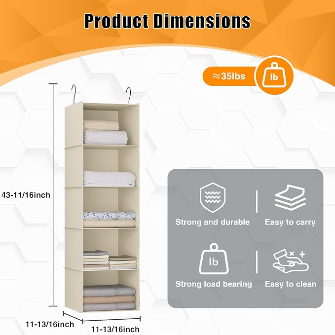 Hanging Closet Organizer 5-Shelf, Oxford Fabric Wardrobe Storage, Beige | Easy-mount foldable design holds clothes, handbags, shoes & accessories; washable Oxford fabric, sturdy and space-saving. - Image 3
