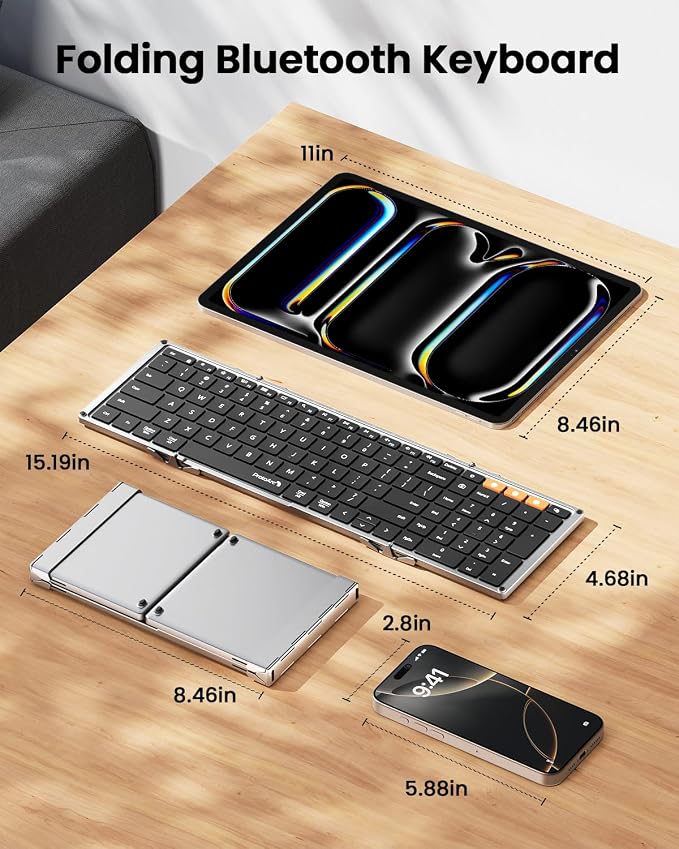 ProtoArc XK01 Full-Size Foldable Bluetooth Keyboard for Travel, Silver | 105 keys, number pad, 0.65in keycaps, 3-device Bluetooth 5.1 switching, USB-C charging, for laptop tablet phone - Image 4