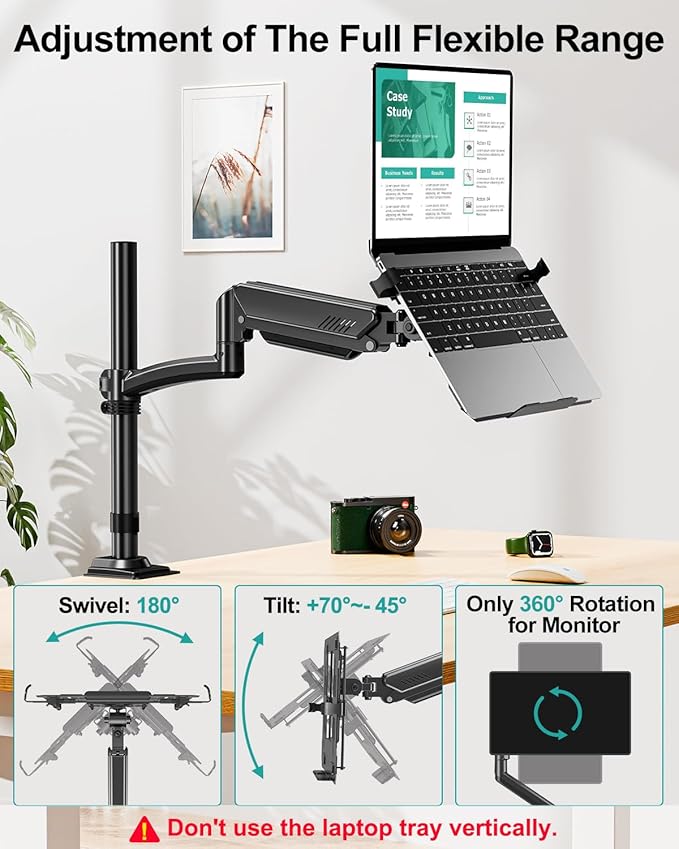 MOUNT PRO Laptop Arm Desk Mount, Single Monitor Stand with VESA Laptop Tray, Adjustable Lap Top Holder for Max 22lbs 17" Notebook & 32" Computer Screen, Swivel Notebook Bracket, Clamp on/Grommet Base - Image 5