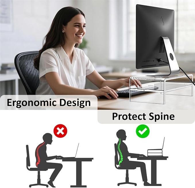 Egchi Acrylic Monitor Stand, 2 Tiers Clear Monitor Riser Computer Stand for Office, Home, Office, 5.12 Inches Hight PC Desk Stand for Keyboard Storage, Premium Platform for Laptop Printer TV Screen | for Office, Home, Office, PC Desk Stand for Keyboard... - Image 3