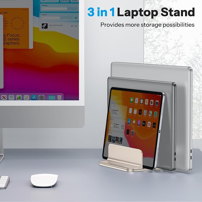 OMOTON 3-Slot Multiple Vertical Laptop Stand, Fits MacBook, Starlight | Adjustable Width 0-1.38", Aluminum Office Space-Saving for Desk, Fits MacBook/Book/iPad Up to 17.3in - Image 7