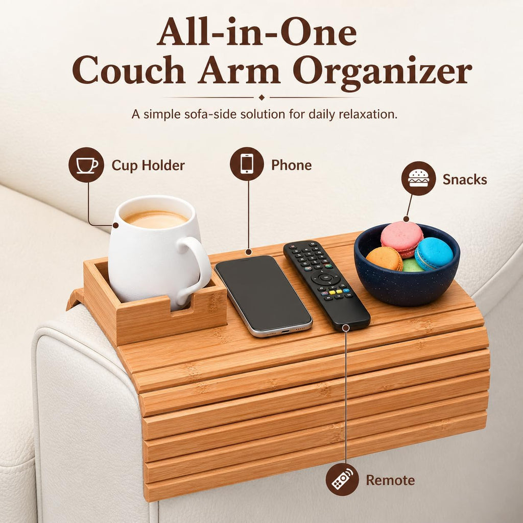 Sofa Arm Tray Table with Cup Holder, Bamboo Couch Armrest Organizer for Remote, Phone, Snacks, Foldable Non-Slip Couch Arm Table Fits Most Sofas, Couches and Recliners - Image 2