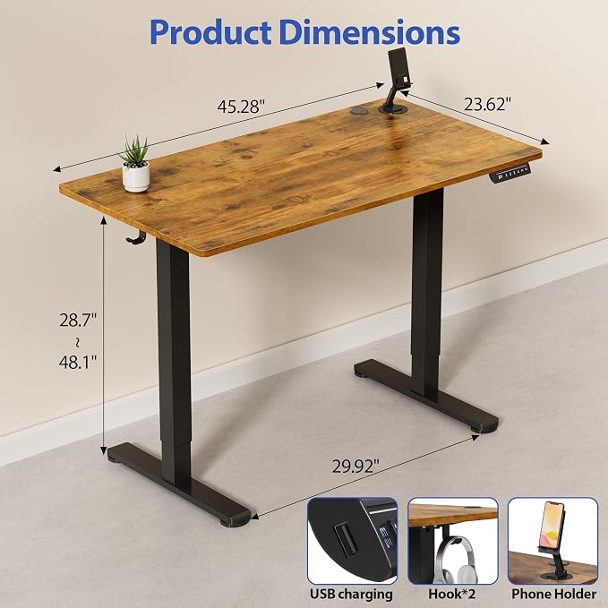 YESHOMY Height Adjustable Electric Standing Desk, 46 x 24 Inches Memory Home Office Sit Stand up Desk with Phone Holder and USB Charging Port, Rustic Brown - Image 3