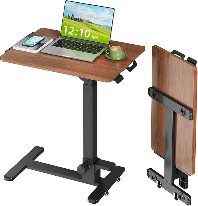 27" Foldable Standing Desk, No-Assembly Needed, Dark Wood | Height Adjustable Portable Mobile Desk with 90° Tiltable Desktop for Storage, End Table for Couch on Wheels by JYLHJOYSEEKER