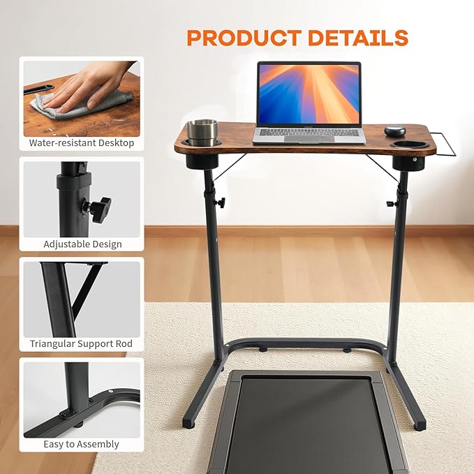 Treadmill Desk, Small Standing Desk for Walking Pad, 30-47 Inch Adjustable Height Walking Pad Stand for Treadmill, Portable Standing Table for Bike and Home Office Work - Brown - Image 5