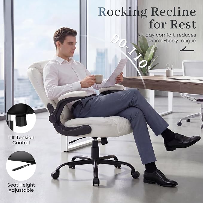 GTPOFFICE Executive Office Chair with Comfortable Lumbar Support, Ergonomic Gaming Chair with Flip-up Armrests & Zoned Pressure-Relief Cushion, Comfy PU Leather Desk Chair, White - Image 7