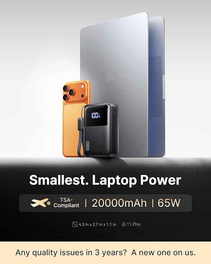 INIU Laptop Power Bank, Smallest 20000mAh 65W Fast Charging Battery Pack | USB C Cable, Flight-Safe, Travel Essentials, Portable Charger for MacBook Pro, Steam Deck, iPhone, iPad etc, Metallic Coffee - Image 2