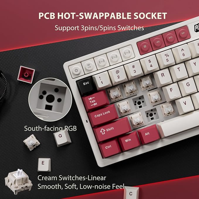 RK ROYAL KLUDGE M65 Wireless Mechanical Keyboard with Volume Knob, 60% Tri-Mode Gaming Keyboard 2.4G/BT/USB-C, Gasket Mount, Battery Display, PBT Keycaps, Hot-Swappable Cream Switch, White - Image 4