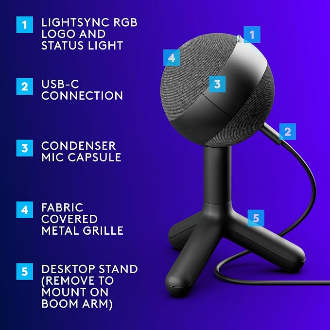 Logitech G Yeti Orb Condenser RGB USB Gaming Microphone - Black | LIGHTSYNC, Cardioid, for streaming, plug and play for PC/Mac - Image 5