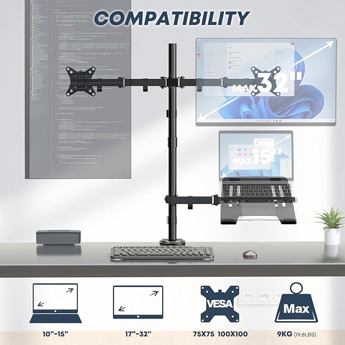 Dual Monitor Stand and Laptop Mount, Fits 32" Monitor & 15" Laptops | Extra Tall Adjustable Stand Holds 19.8 lbs per Arm, Sturdy C-clamp/Grommet Base, Egonomic Setup for Home Office,Black - Image 2