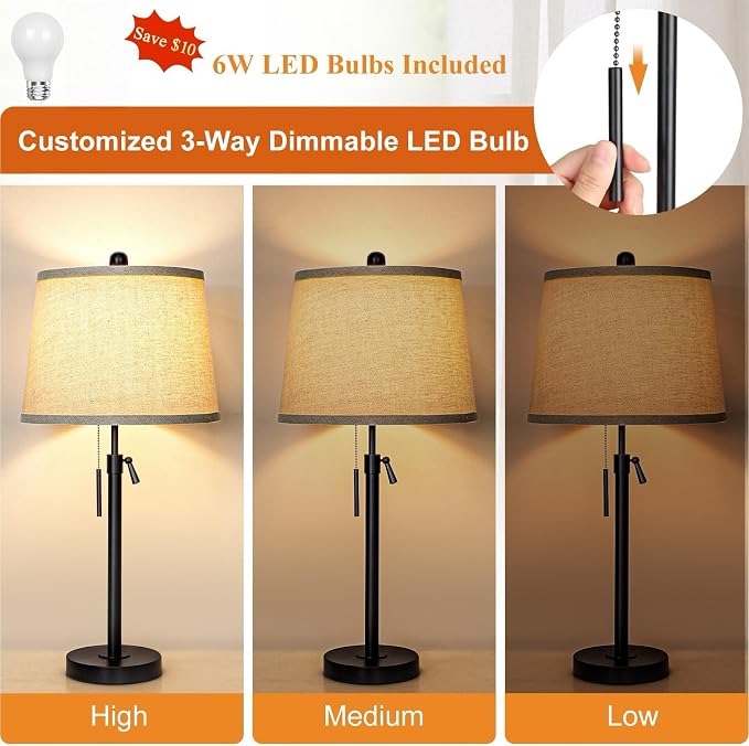 Black Bedside Lamp Tall Table Lamp 22" to 30" Adjustable Height 3 Brightness Way Nightstand with Beige Linen Shade Pull Chain Pole Lights for Living Room Guest Bedroom End Table(Bulb Included, Single) - Image 3