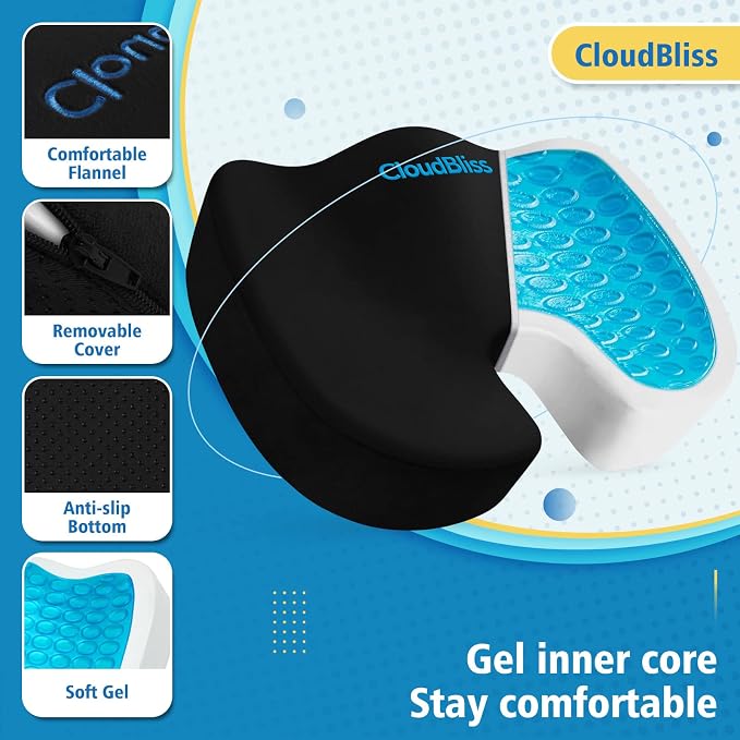 CloudBliss Gel Memory Foam Seat Cushion for Long Sitting, X-Large, Black | Gel Chair Pad for Tailbone, Coccyx, Sciatica , Soft Suede Cover, Non-Slip , Washable Mesh, for office, home, car - Image 3