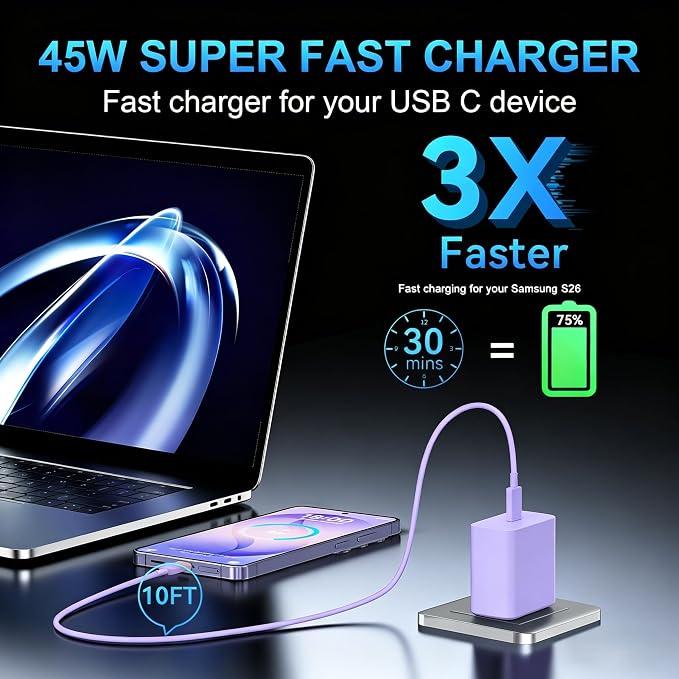 45W USB C Super Fast Charger Type C Charger Fast Charging Android Phone Charger Block with 10FT Type C Charging Cable for Samsung Galaxy S26 Ultra/S26/S26+/S25/S25 Ultra/S25+/S24 Ultra/S23 Ultra/S22 - Image 6