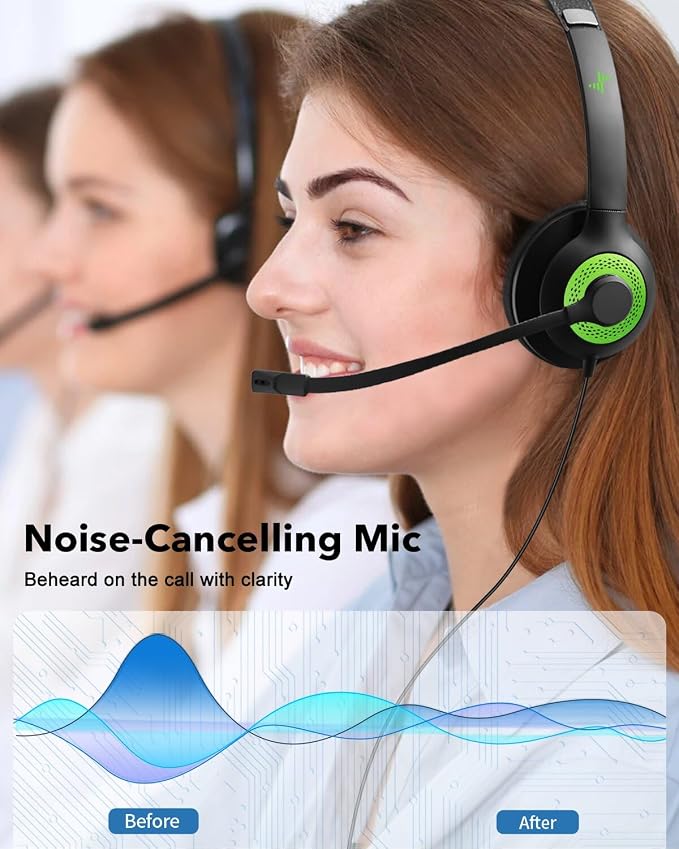 JIAMQISHI USB Headset with Mic for PC, On-Ear Computer Laptop Headphones with Noise Cancelling Microphone in-line Control for Home Office Online Class (USB+3.5mm, Green) - Image 2