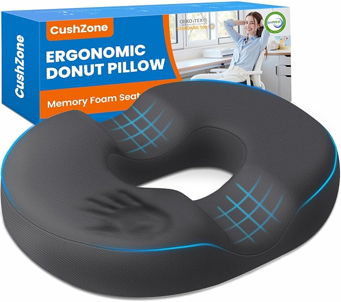 Donut Seat Cushion, Hemorrhoid Pillow, Office Chair Cushion, Gray, Large | Ergonomic Design, Breathable Cover, for Tailbone Pain, Hemorrhoids & Long Sitting Hours, for Home & Office, by CushZone