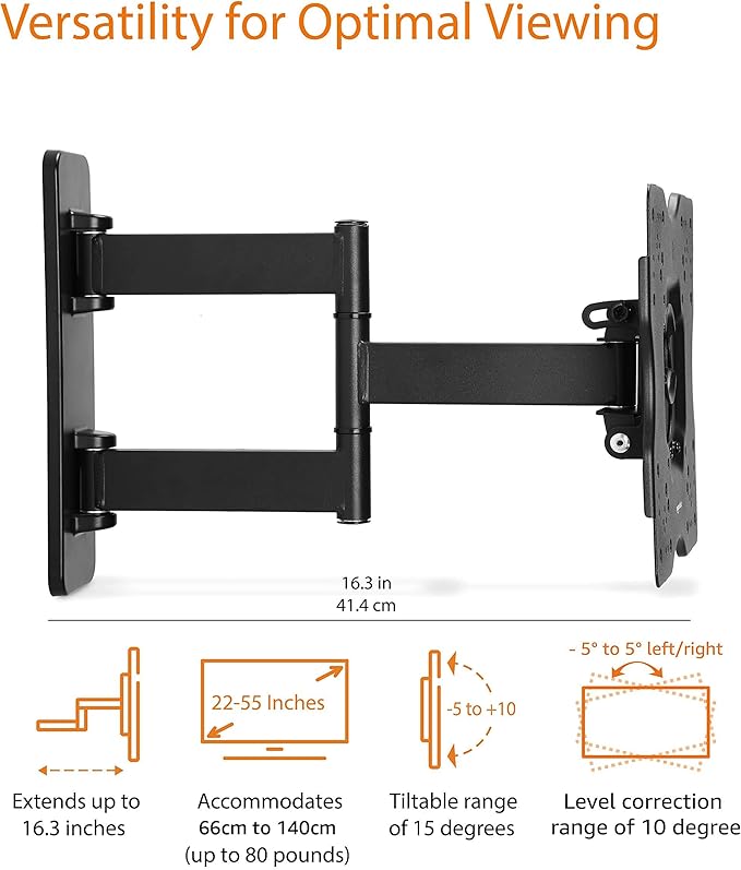 Amazon Basics Full Motion Articulating TV Wall Mount, with Swivel and Tilt, for 26" to 55" TVs and Flat Panels up to 80 Lbs, VESA Compatible, Single Stud, Black - Image 3