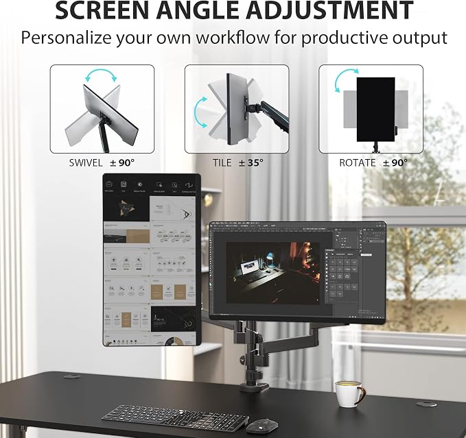 EUREKA ERGONOMIC Dual Monitor Stand, Fully Adjustable Gas Spring Double Monitor Arms for PC Computer Screen 13 to 32 inch up to 17.6 LBS W VESA 75x75mm,100x100mm C Clamp Grommet Base, Black - Image 5